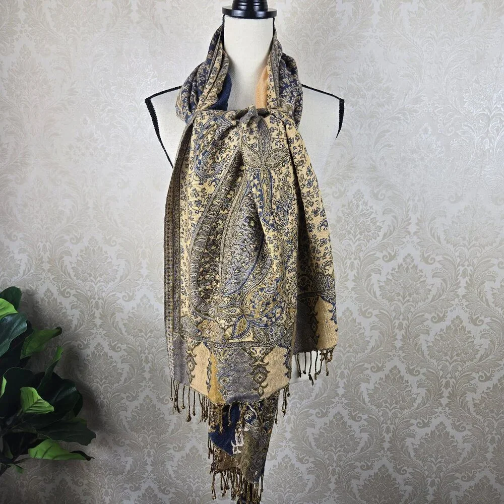 Blue and Gold Paisley and Floral Patterned Oblong Scarf Fringed Ends Feminine